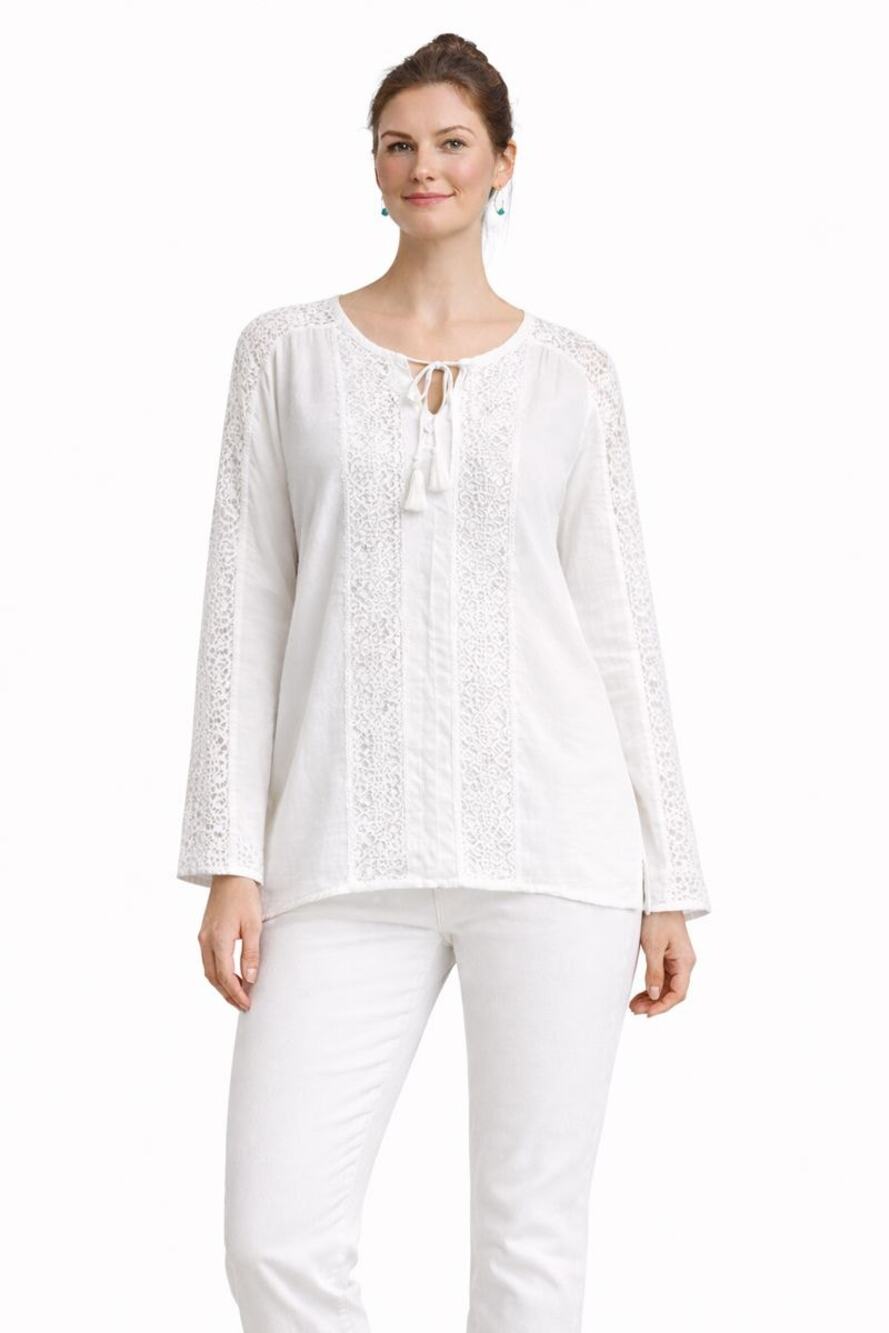 Lucky Brand Womens Lace Tasseled White Cotton Blend Top Blouse XL